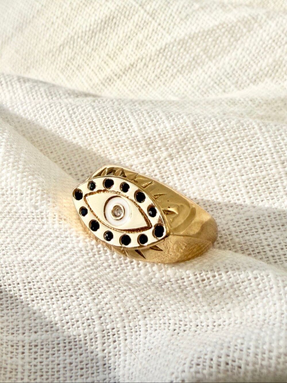 BaubleBar Gold Tone Evil Eye Signet Ring Black Enamel Crystal size 6